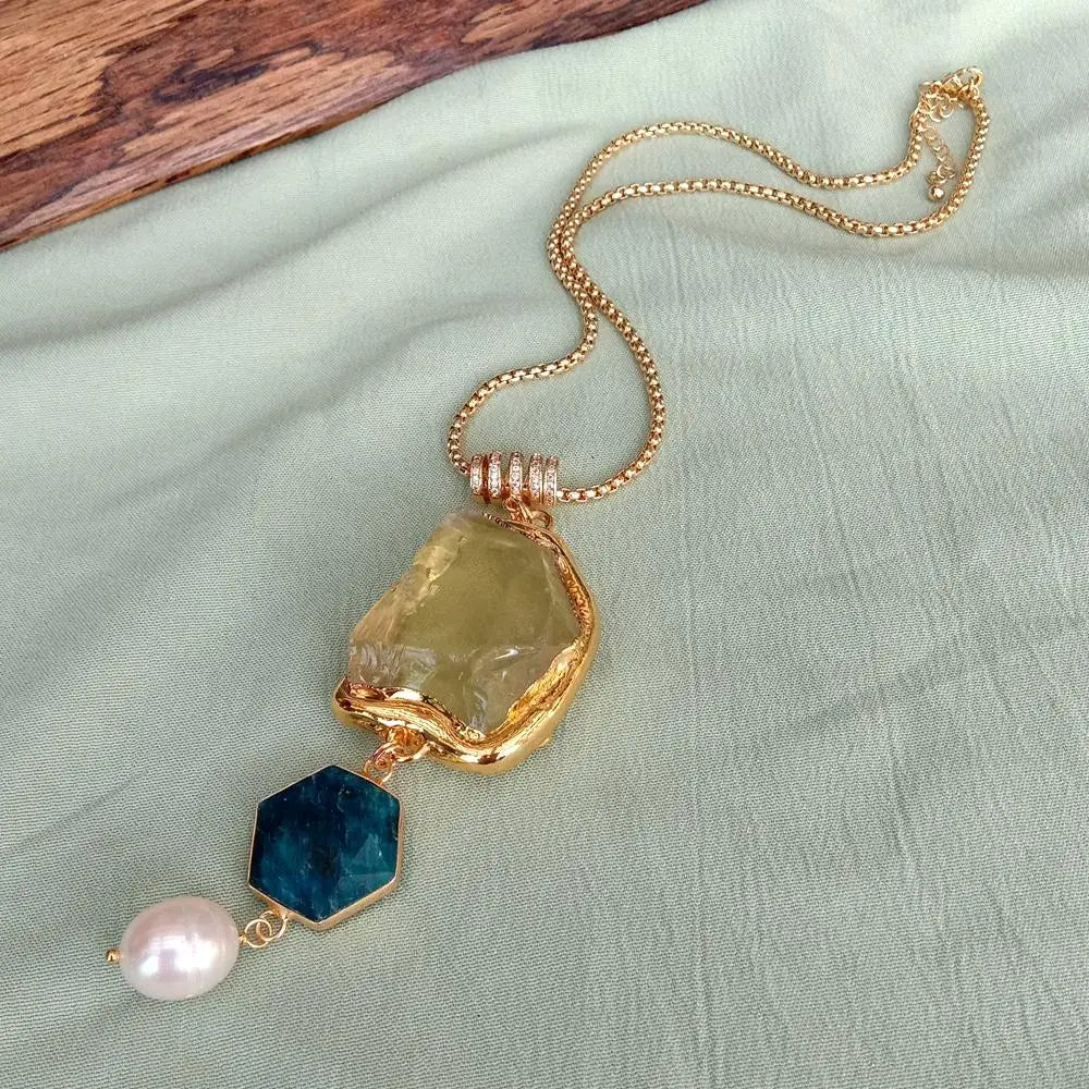 Natural Lemon Quartz & Blue Apatite Gemstone and Keshi Pearl Necklace