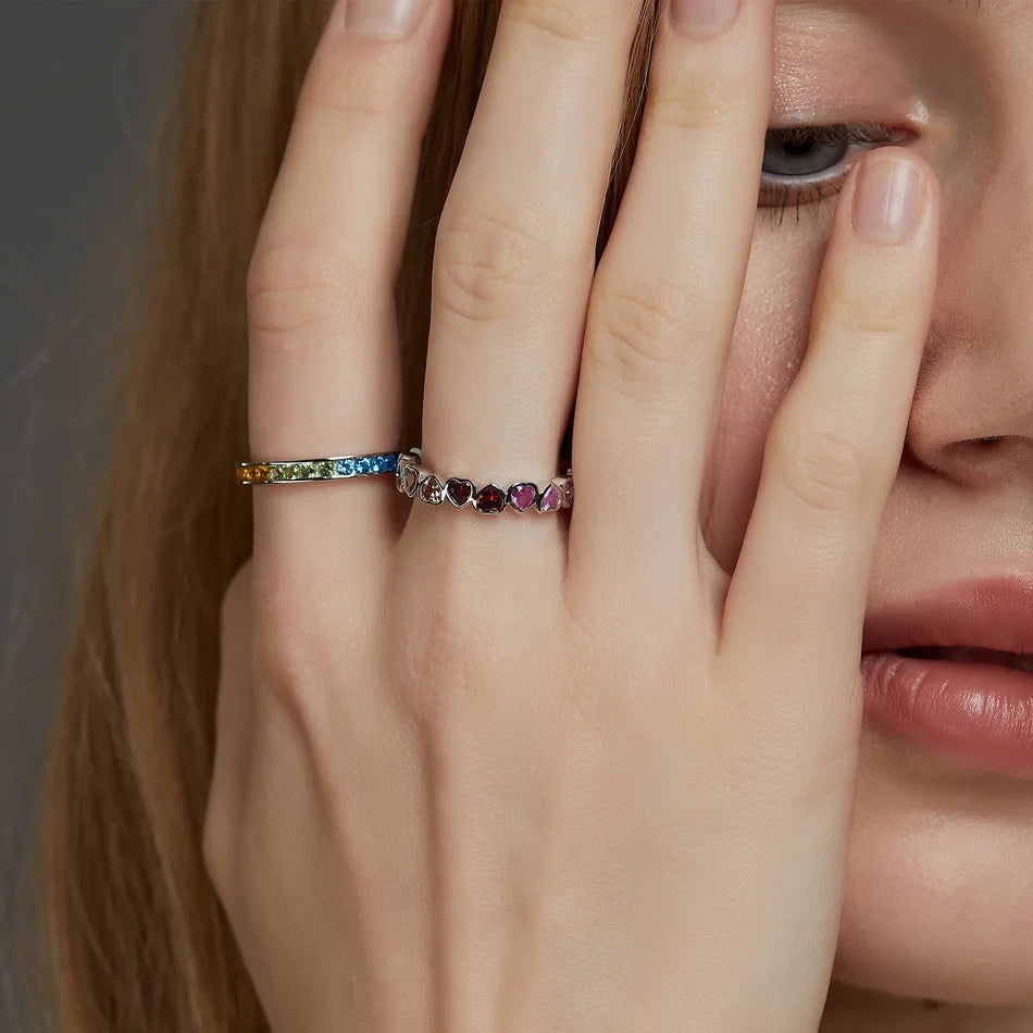 925 Silver  Love Heart Colorful Zircon Rings