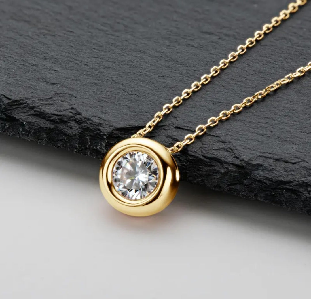 1Ct 6.5mm Moissanite Diamond Bezel Pendant Necklace