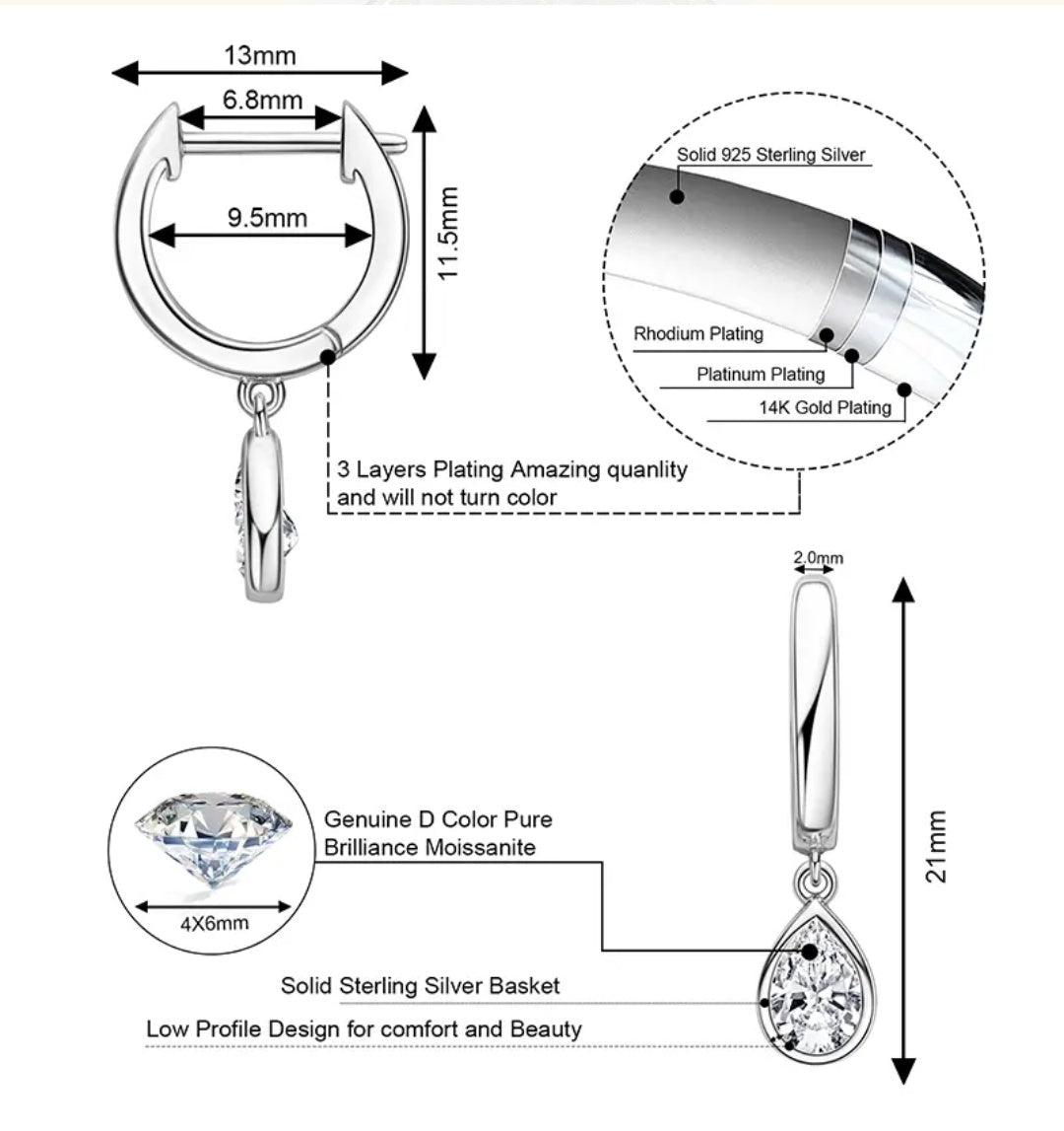 925 Silver Drop 4×6mm 0.5CT Moissanite Diamond Drop Earrings
