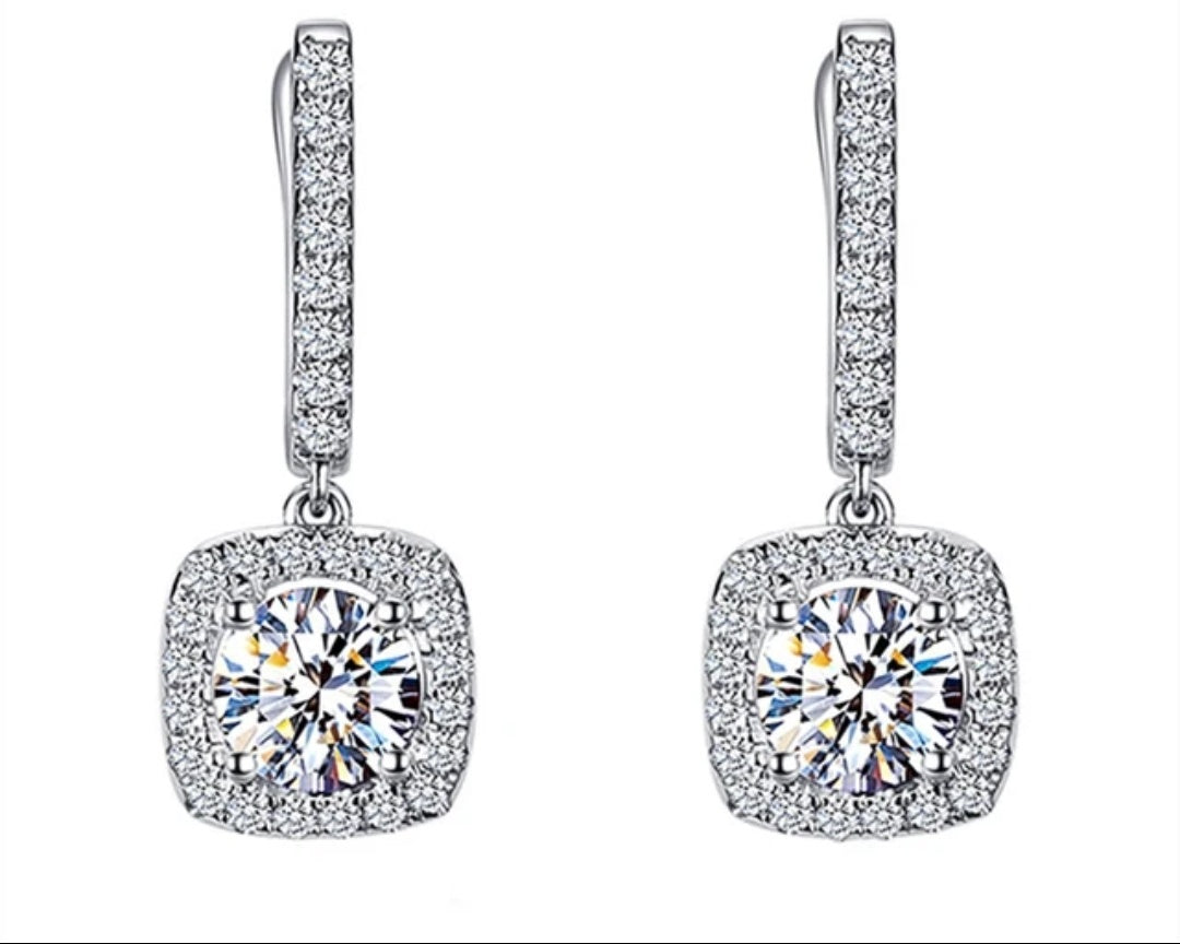 925 Silver 6.5MM 1CT Moissanite Diamond Square Drop Earrings
