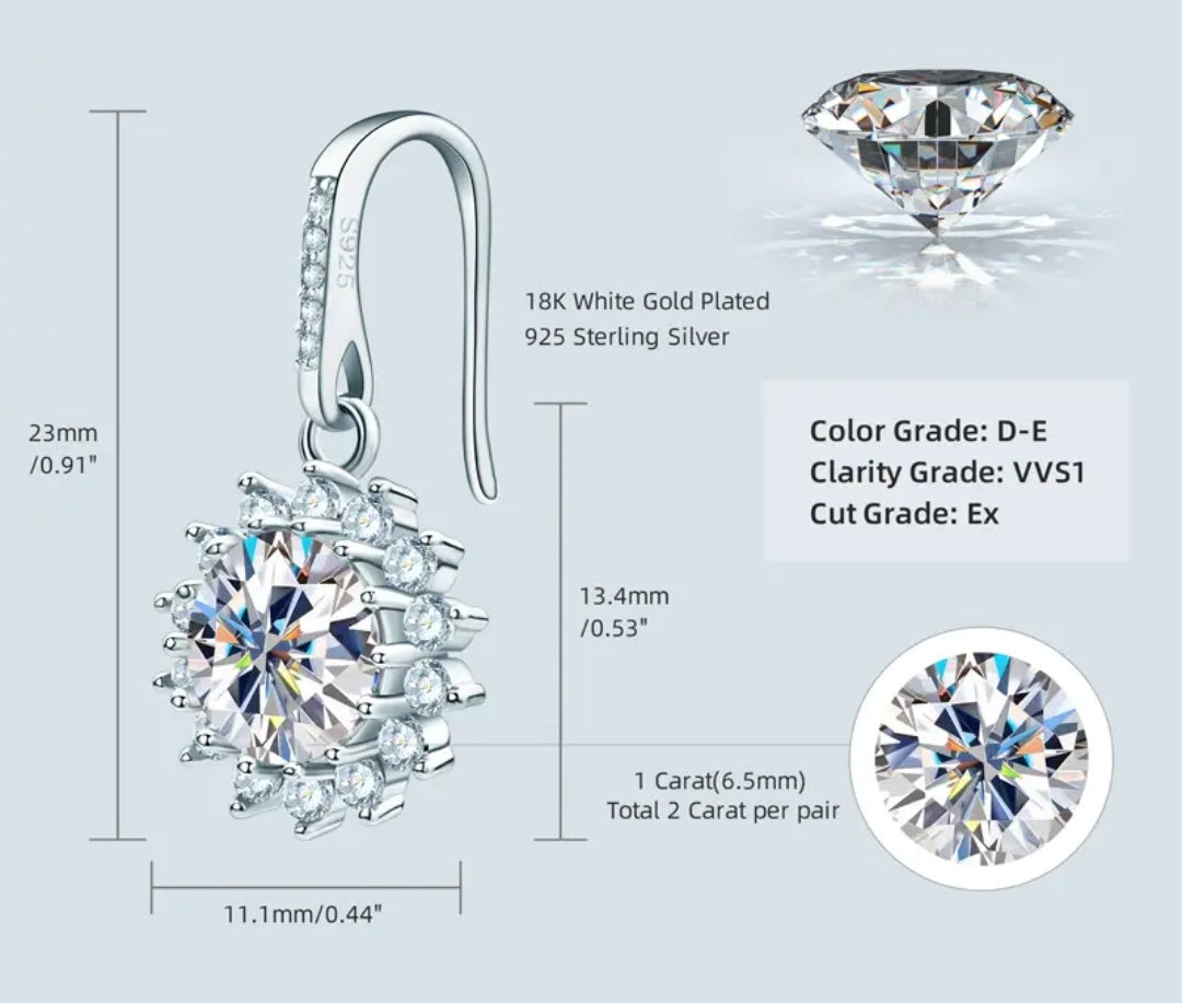 925 Silver 6.5MM 1CT Moissanite Diamond Drop Flower Earrings