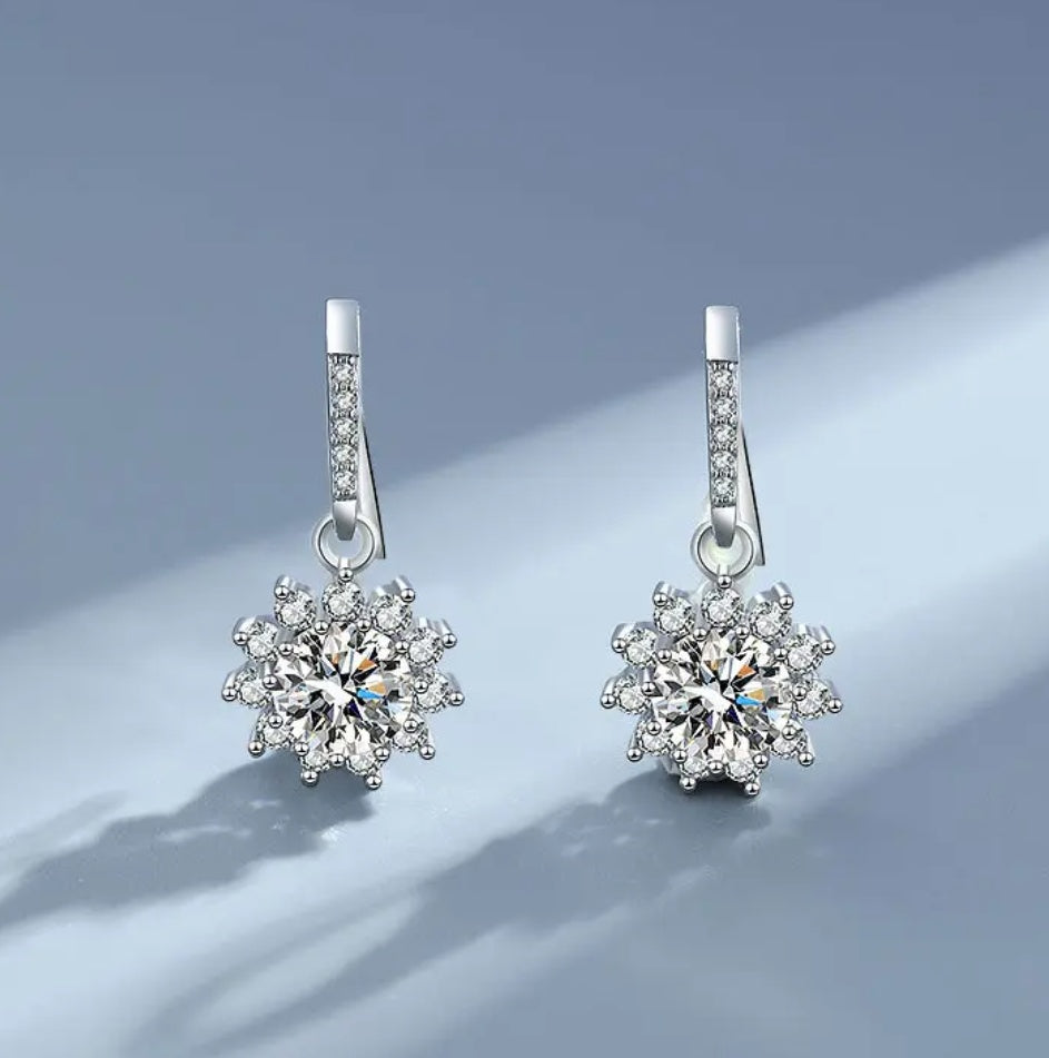 925 Silver 6.5MM 1CT Moissanite Diamond Drop Flower Earrings