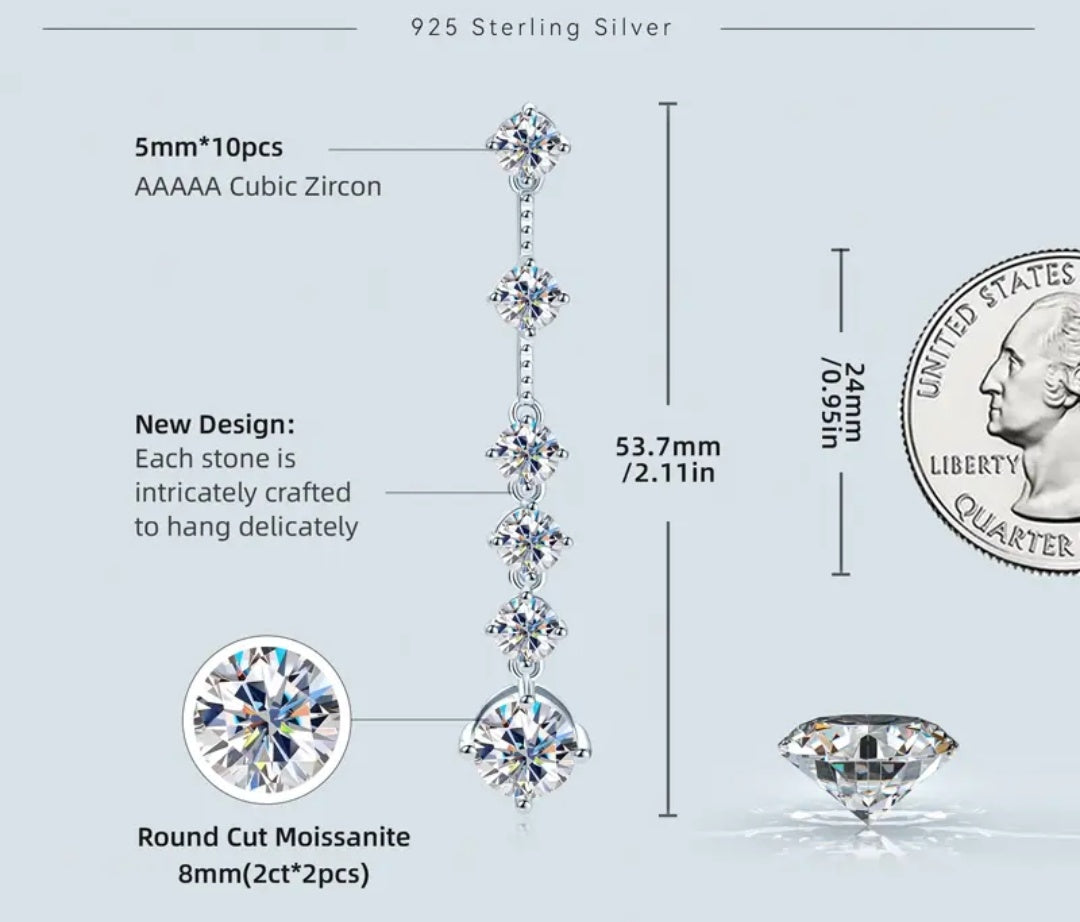 925 Silver 8MM 2CT Moissanite Long Drop Diamond Earrings