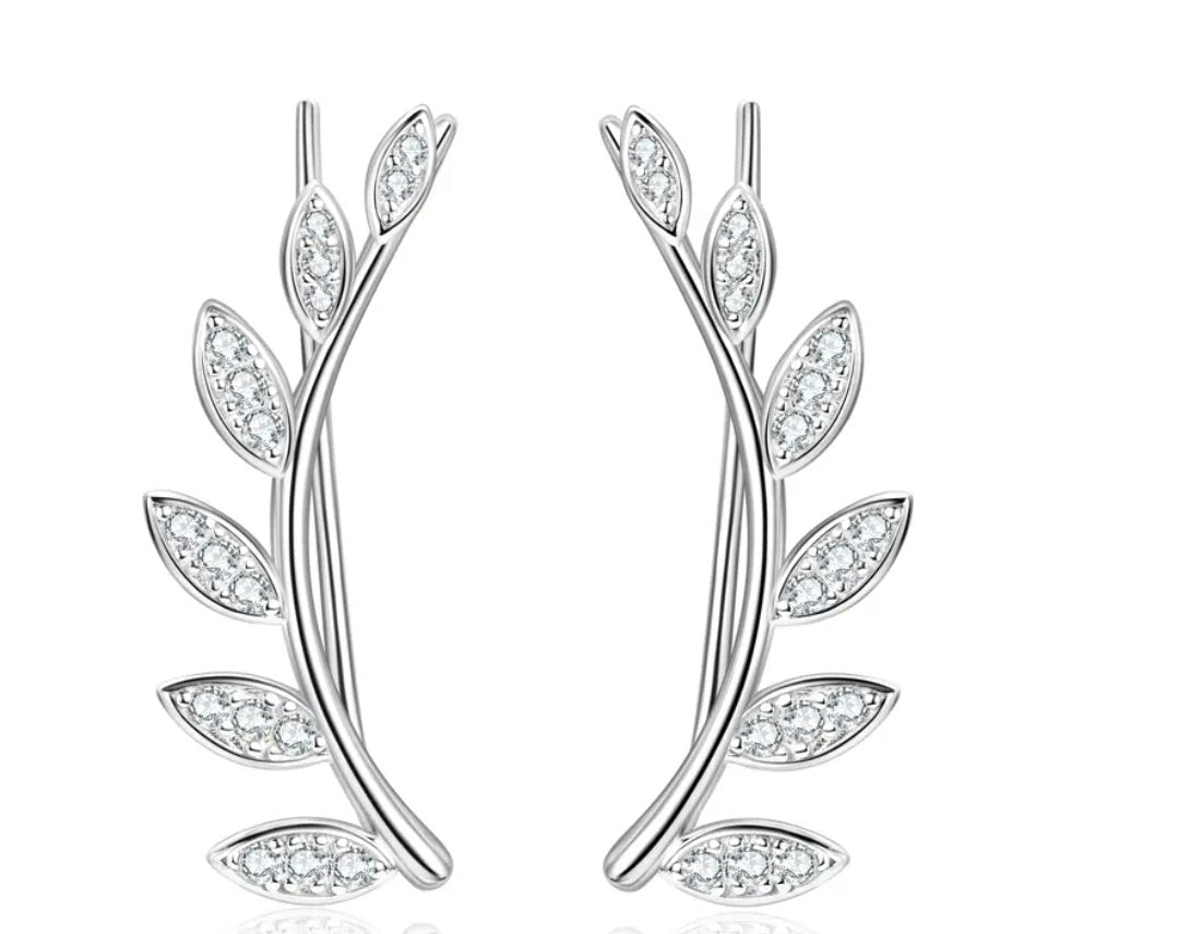 925 Silver 1.5mm Moissanite Climber Leaf Earrings