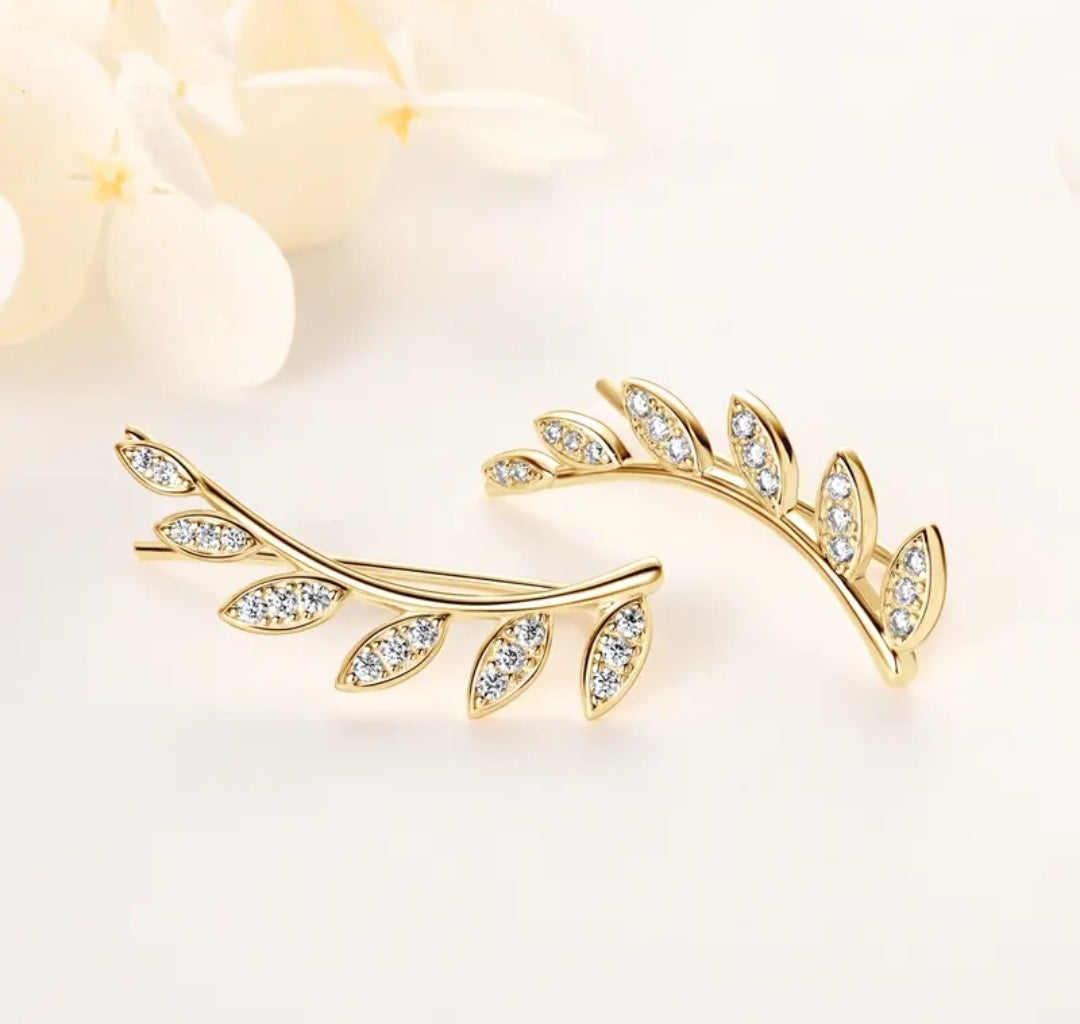 925 Silver 1.5mm Moissanite Climber Leaf Earrings