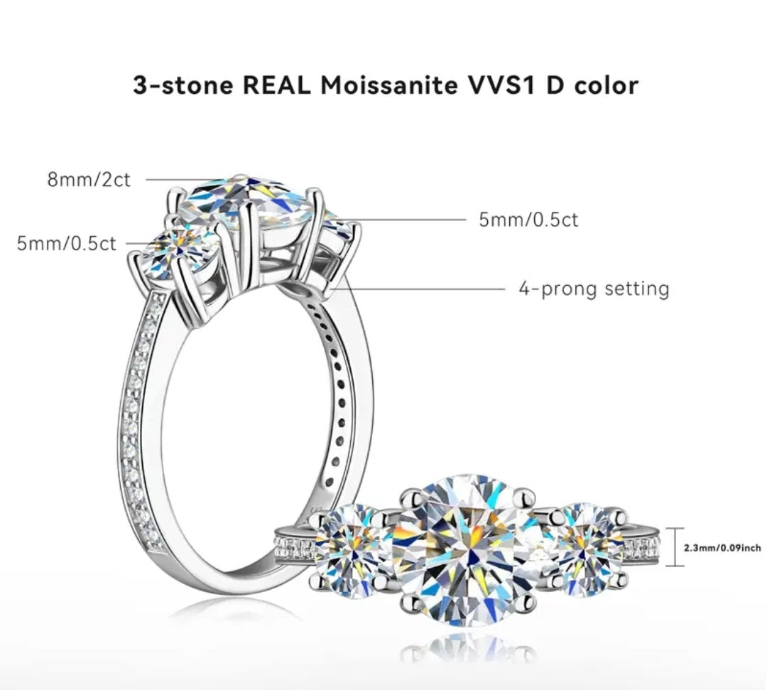 925 Silver 2ct 8mm Moissanite Diamond Ring