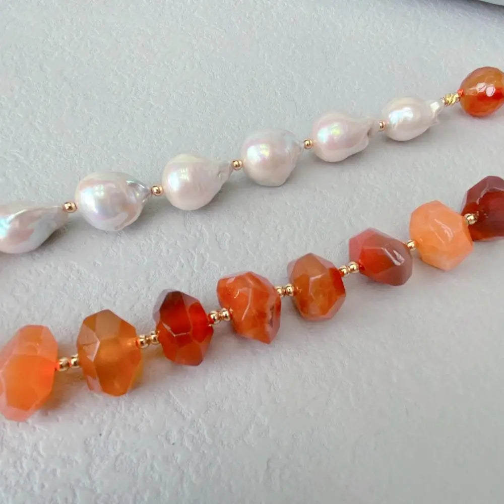 Cultured White Baroque Pearl Red Carnelian Necklace