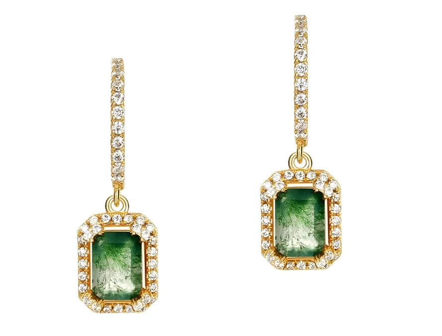 925 Silver 4*4mm Natural Moss Agate Drop Earrings