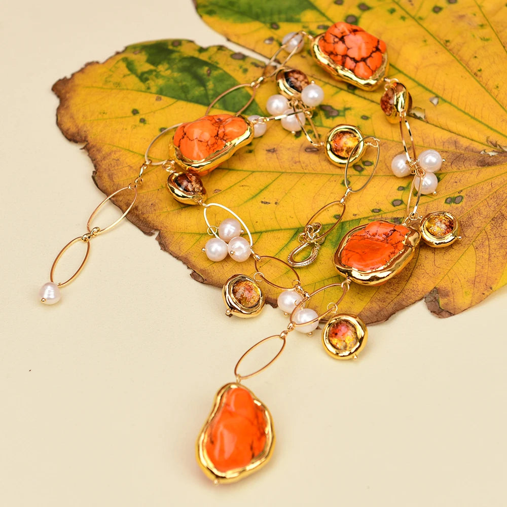Freshwater Cultured White Pearl, Blue and Red Murano Glass, Gold Plated Edge Blue Turquoise