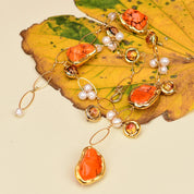 Freshwater Cultured White Pearl, Blue and Red Murano Glass, Gold Plated Edge Blue Turquoise