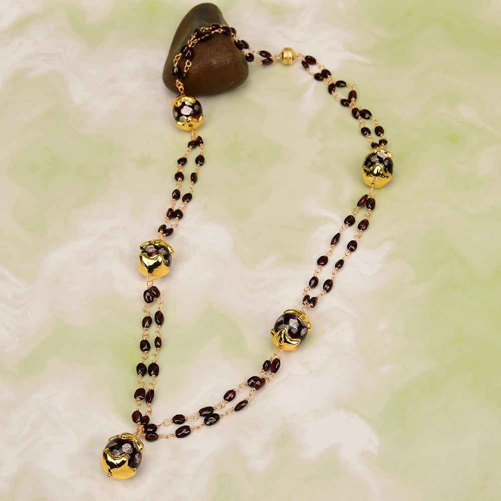 Natural Purple Murano Glass,Red Garnet Rosary Necklace