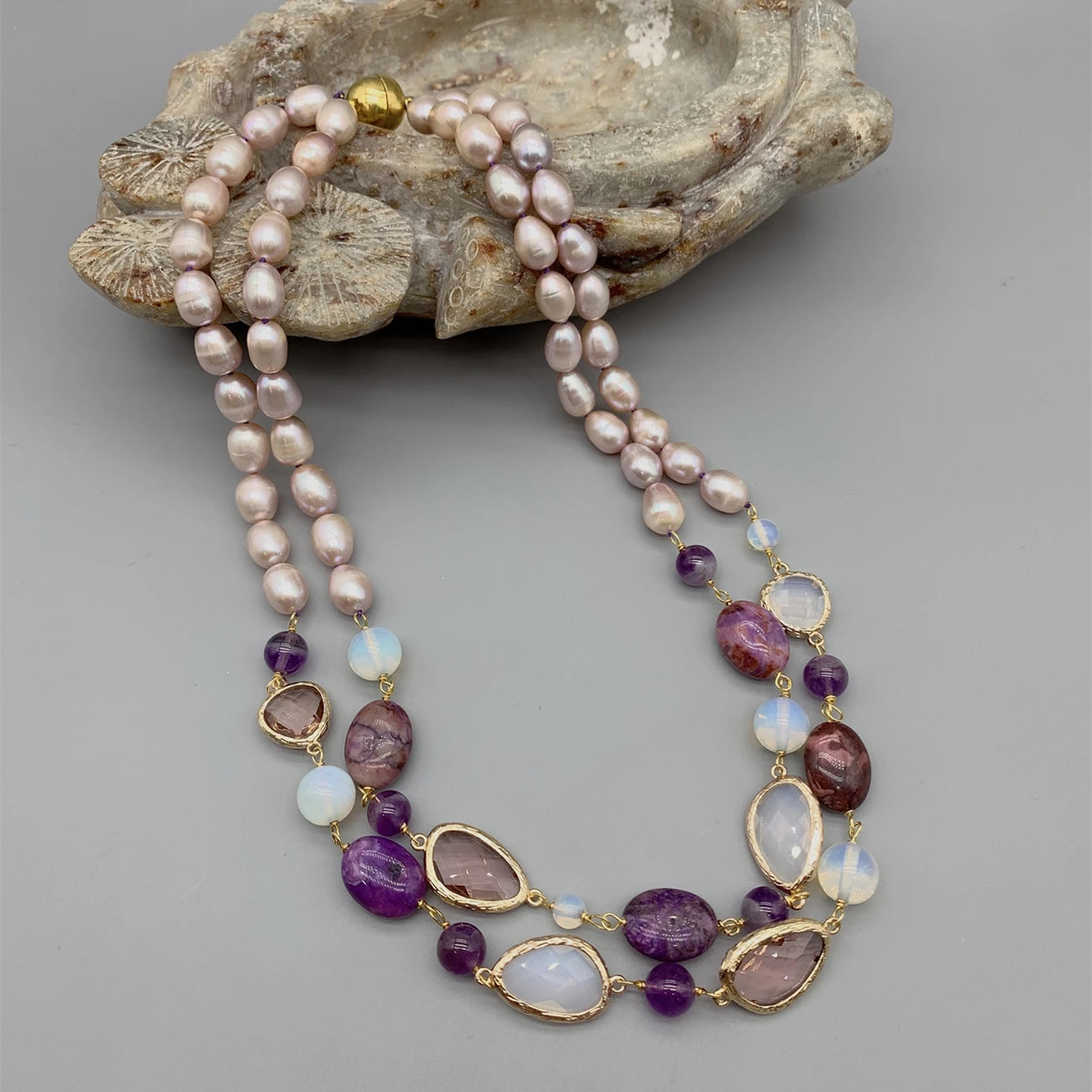 Natural Pearl Amethyst Gemstone Necklace