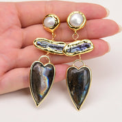 Natural Black Biwa Pearl & Labradorite Gemstone Heart Earrings