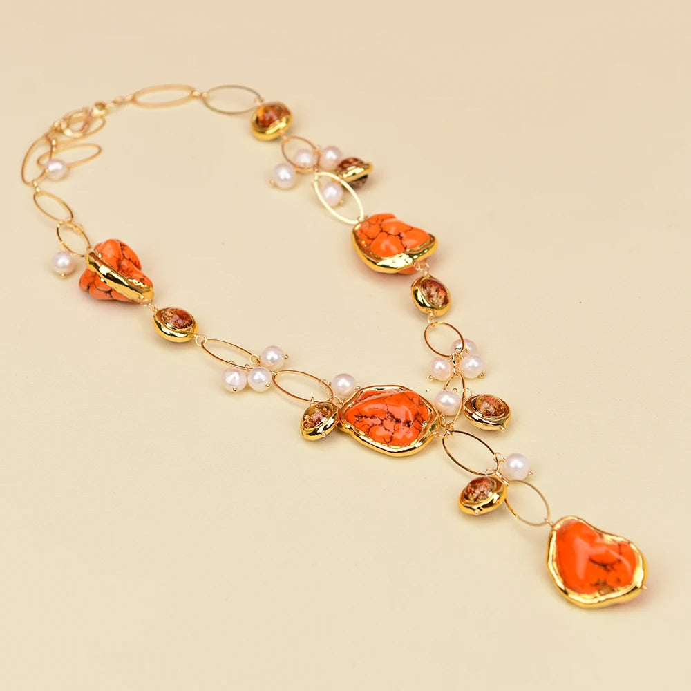 Freshwater Cultured White Pearl, Blue and Red Murano Glass, Gold Plated Edge Blue Turquoise
