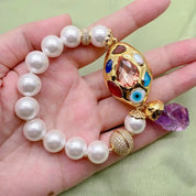 12mm White Sea Shell Pearl Multi Color Crystal Bead Bracelet