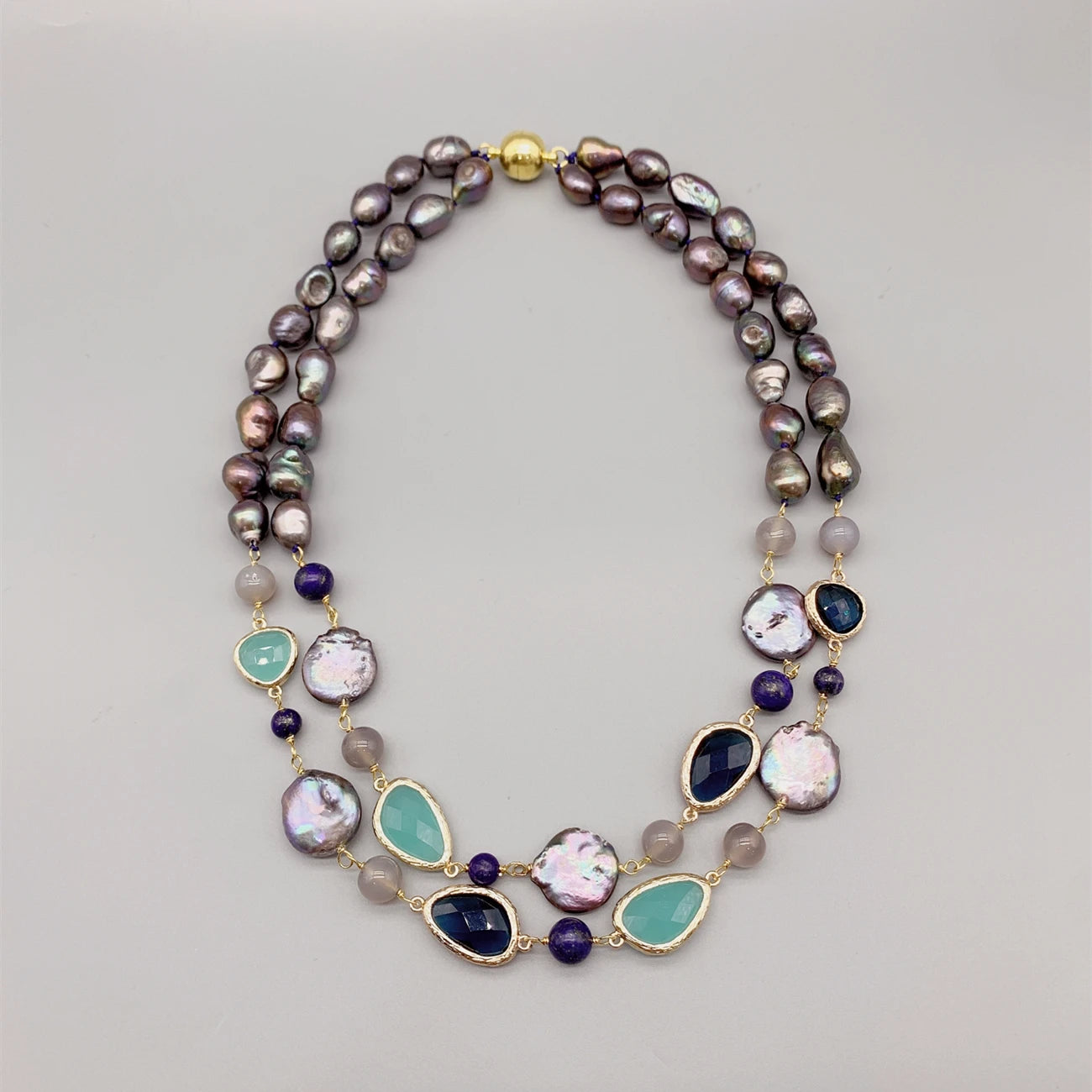 Natural Pearl And Aqua Blue Quartz & Lapis Gemstone Necklace