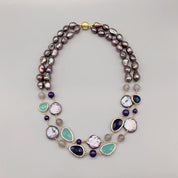 Natural Pearl And Aqua Blue Quartz & Lapis Gemstone Necklace