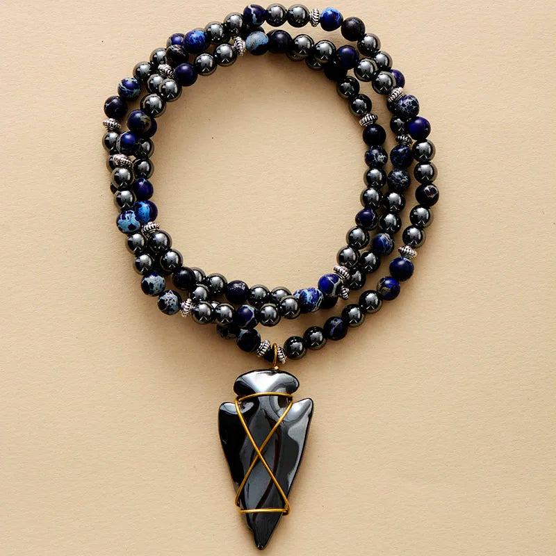 Natural Gemstone Hematite Arrow head  pendant Bead Necklace