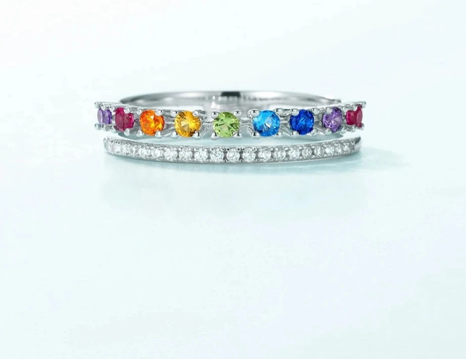 925 Silver Rainbow Crystal Colorful Zicron  rings