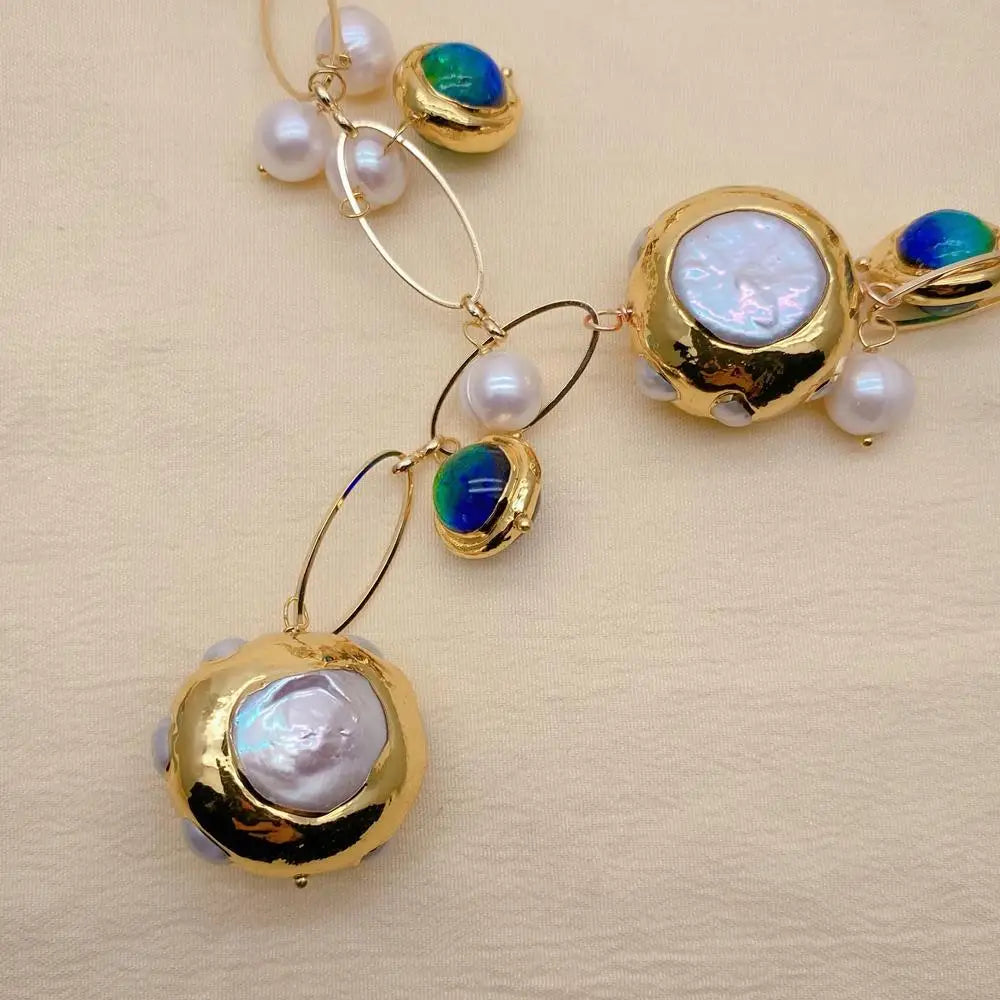 White Keshi Pearl & Blue Murano Glass Necklace