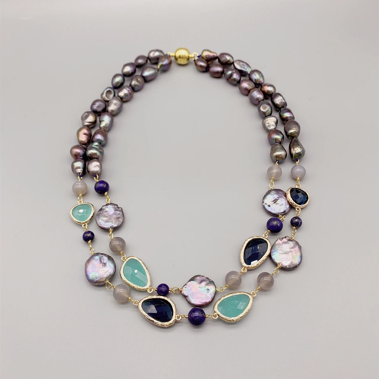 Natural Pearl And Aqua Blue Quartz & Lapis Gemstone Necklace