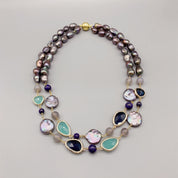 Natural Pearl And Aqua Blue Quartz & Lapis Gemstone Necklace