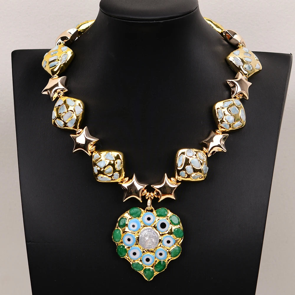 Natural Blue Larimar Pearl Gold Plated Beads Heart Shaped Pearl Jade Pendant Statement Necklace