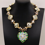 Natural Blue Larimar Pearl Gold Plated Beads Heart Shaped Pearl Jade Pendant Statement Necklace