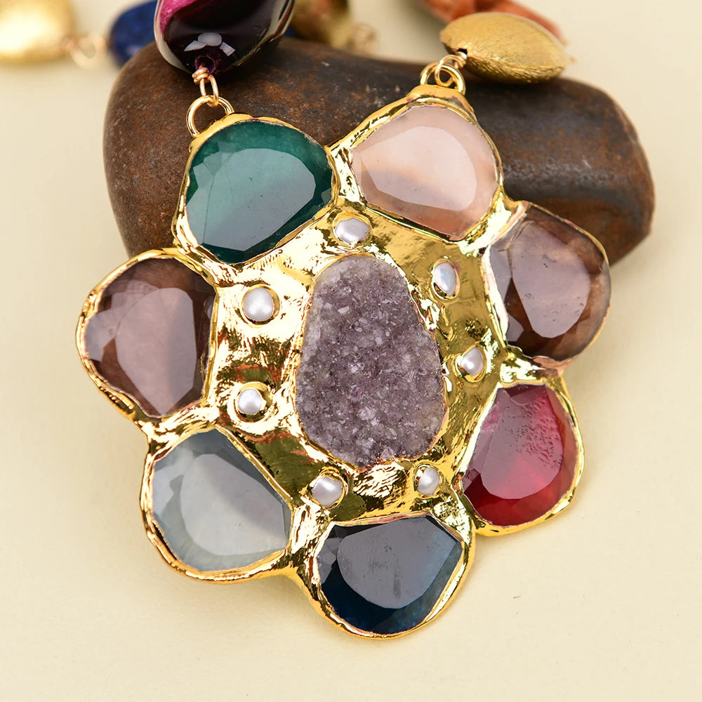 Colorful Agate Gold Pearl Necklace