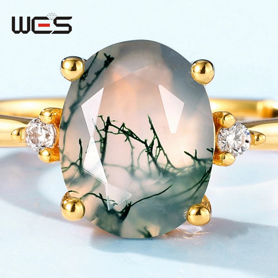 925 Silver Moss Agate  Adjustable Rings