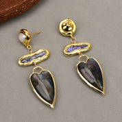 Natural Black Biwa Pearl & Labradorite Gemstone Heart Earrings
