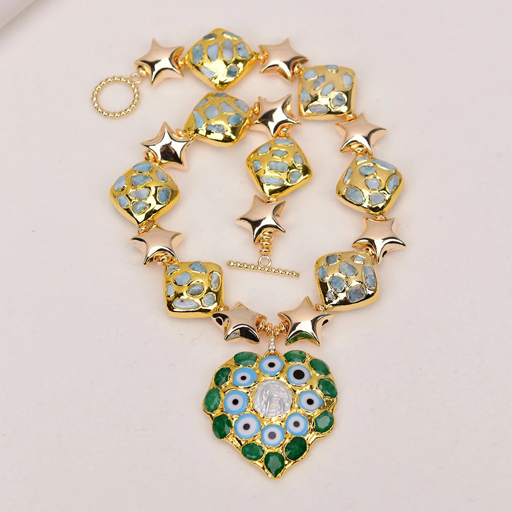 Natural Blue Larimar Pearl Gold Plated Beads Heart Shaped Pearl Jade Pendant Statement Necklace