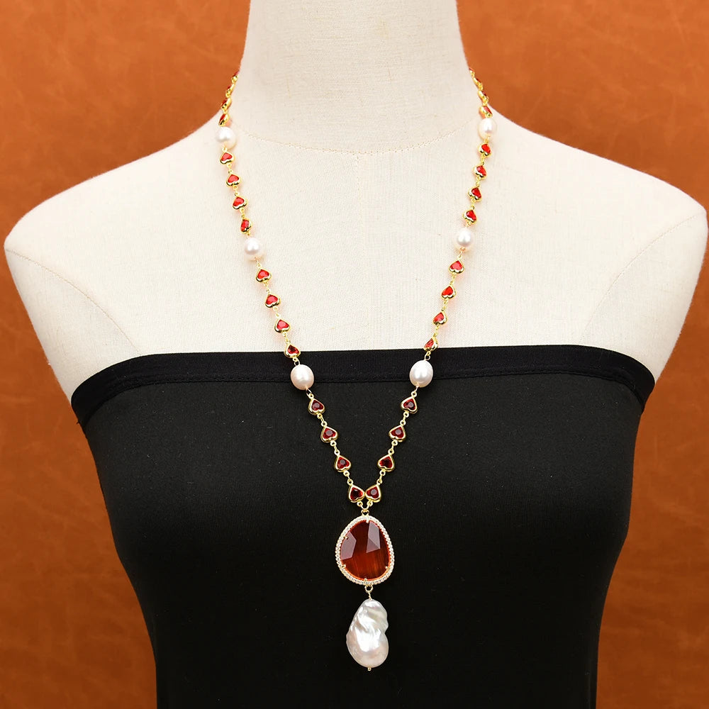 Natural Cultured White Rice Pearl Red Crystal Baroque Pearl Pendant Necklace
