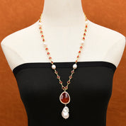 Natural Cultured White Rice Pearl Red Crystal Baroque Pearl Pendant Necklace