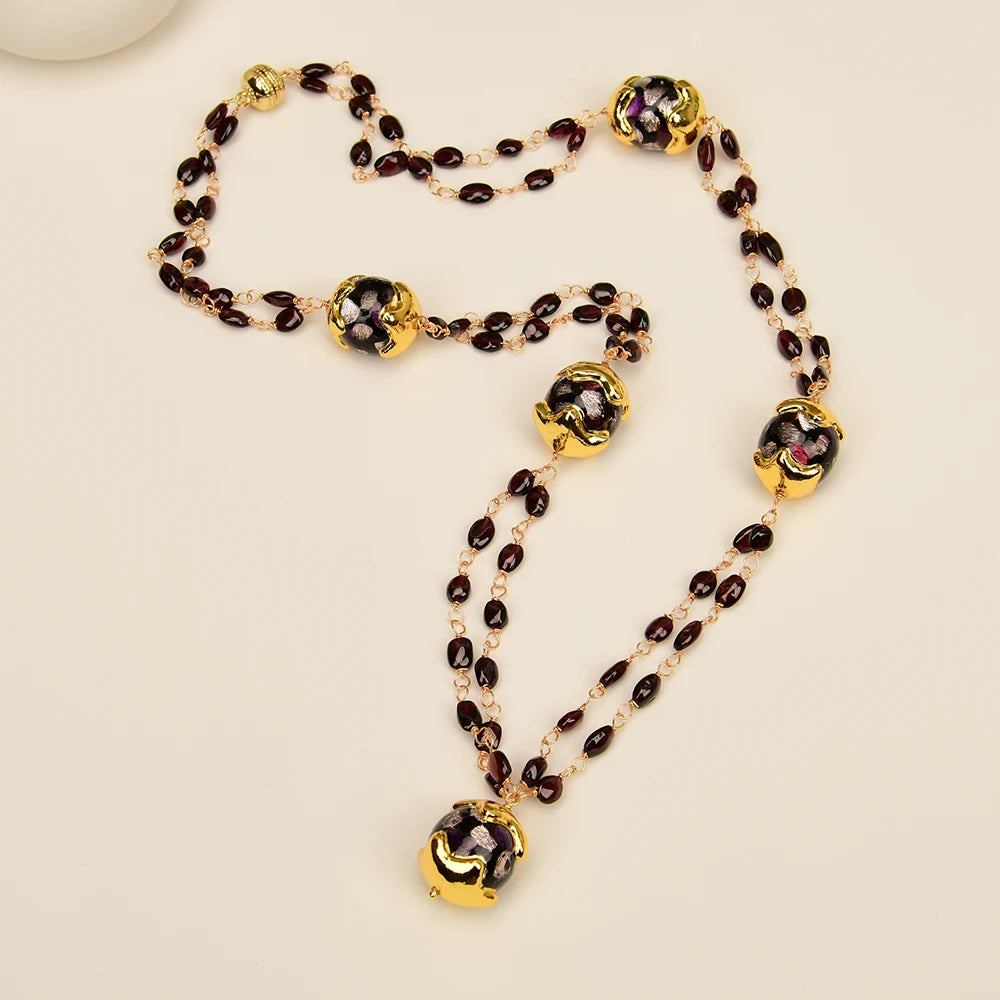Natural Purple Murano Glass,Red Garnet Rosary Necklace