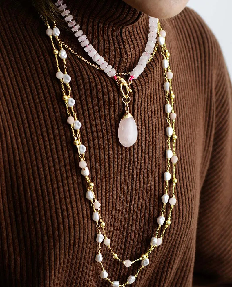Rose Quartz Waterdrop Lariat Necklace