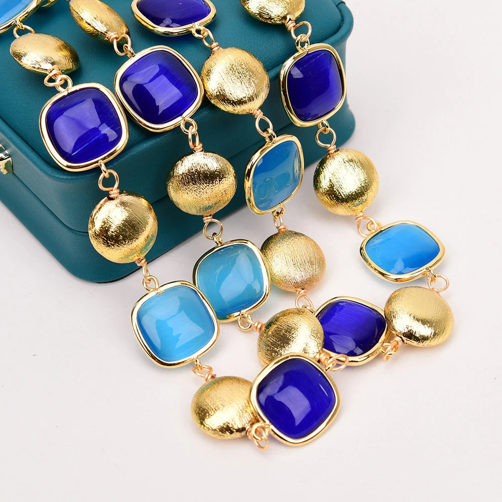Blue Cat Eye Gold Bead Sweater Chain