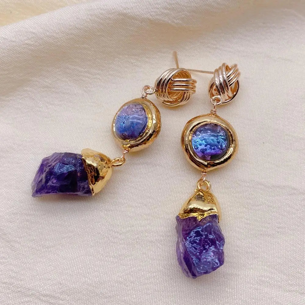 Natural Amethyst Rough Purple Murano Glass Dangle Drop Earrings