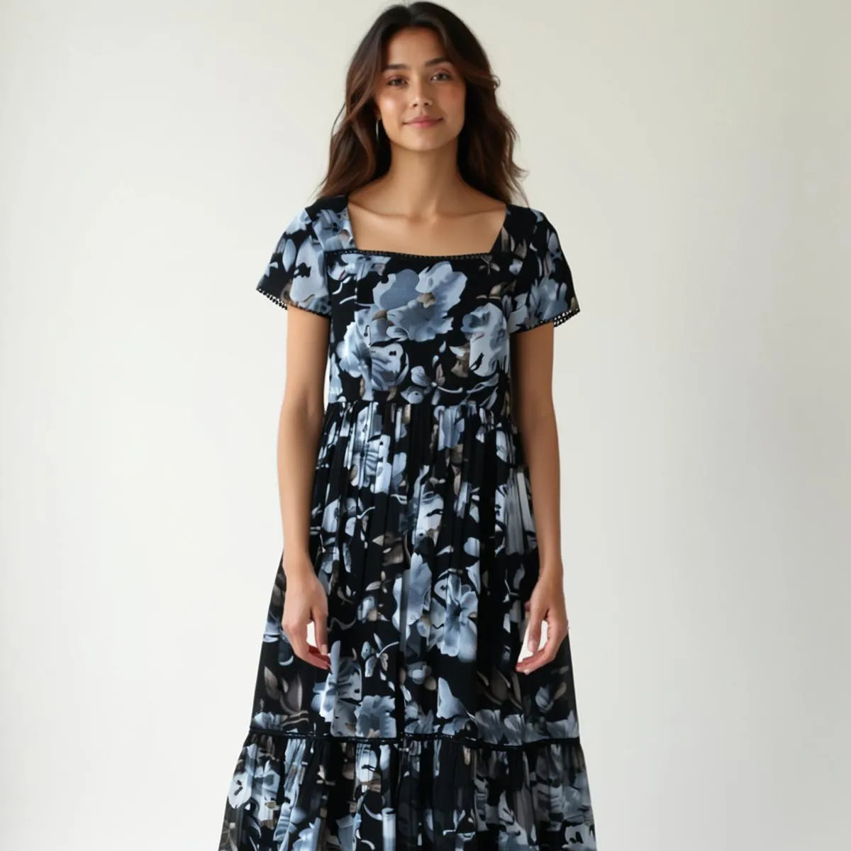 Woman wearing a black floral dress against a white background