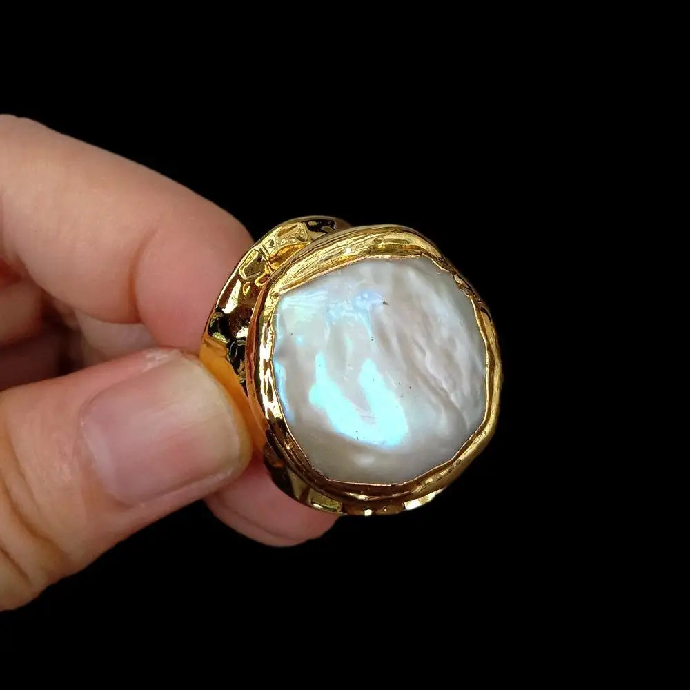 White Baroque Pearl Gold Ring