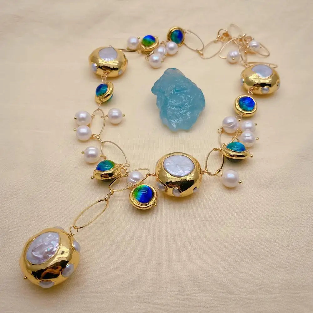 White Keshi Pearl & Blue Murano Glass Necklace