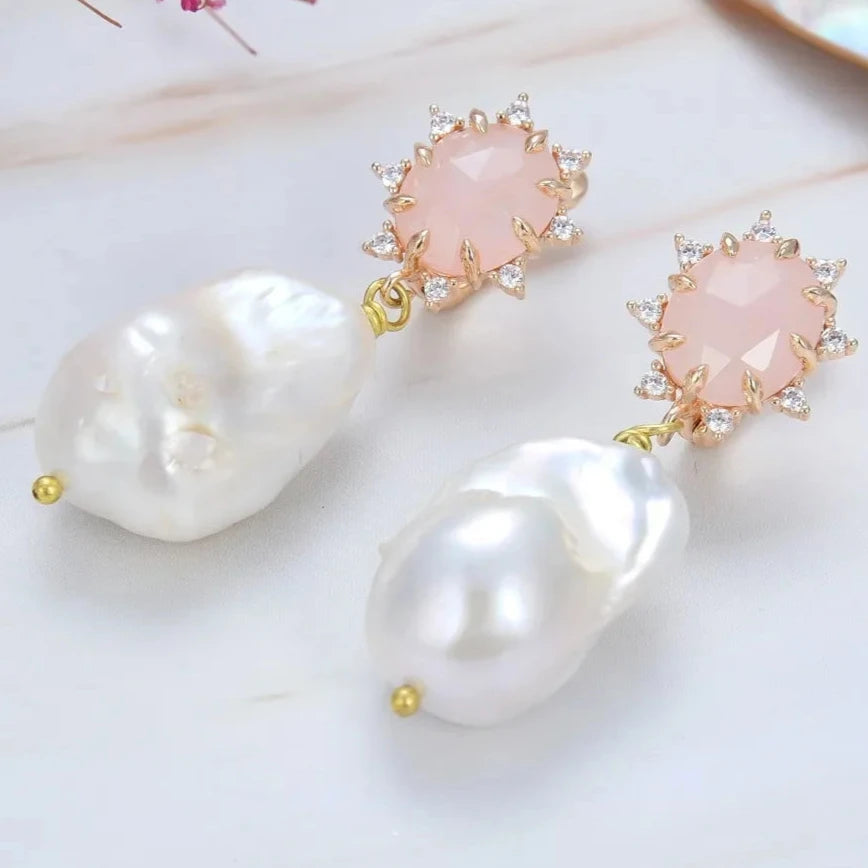 White Keshi Pearl Rose Quartz Stud Earrings