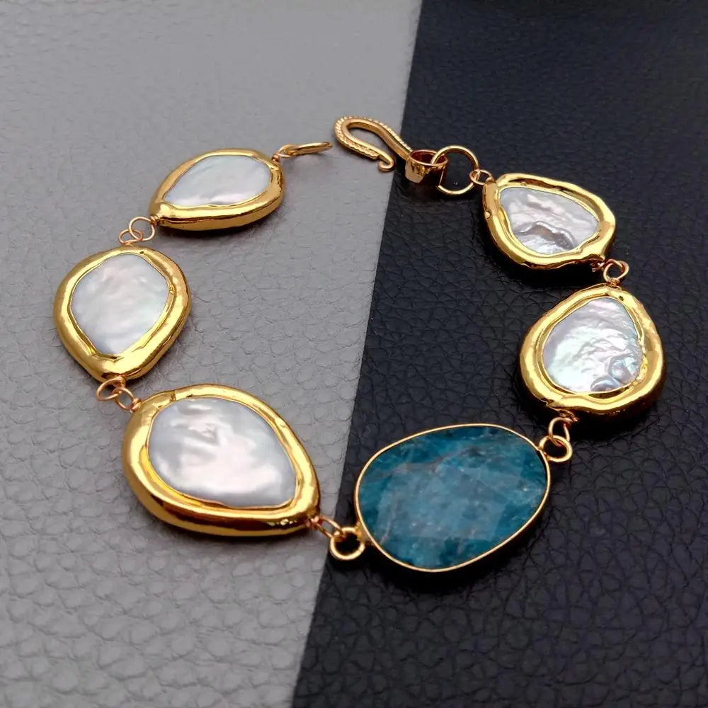 White Pearl & Blue Apatite Bracelet