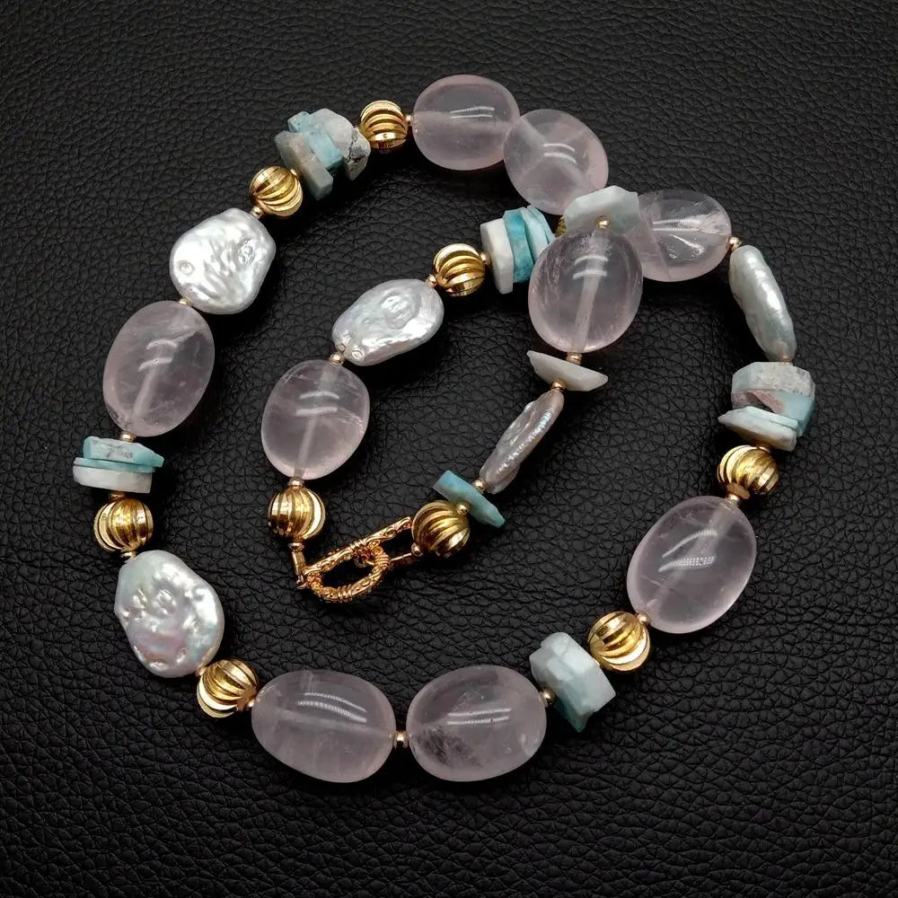 White Pearl & Blue Larimar Choker Necklace