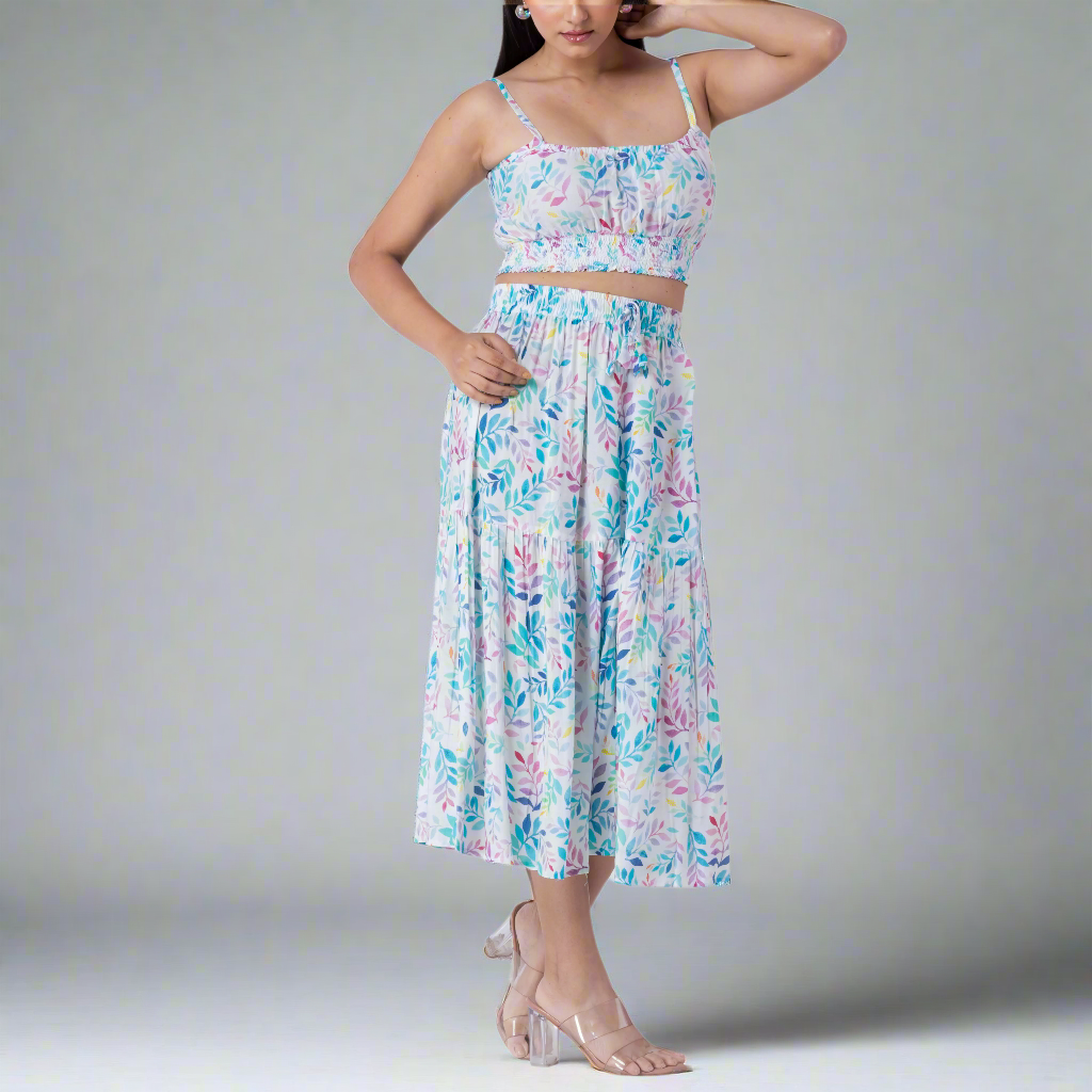 Leaf print rayon midi skirt with tropical design