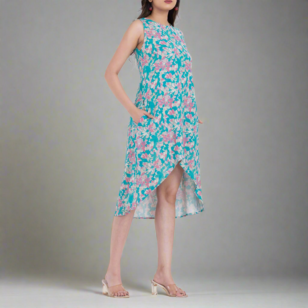 Breathable floral handloom cotton midi dress designed for warm weather comfort and effortless casual elegance.
