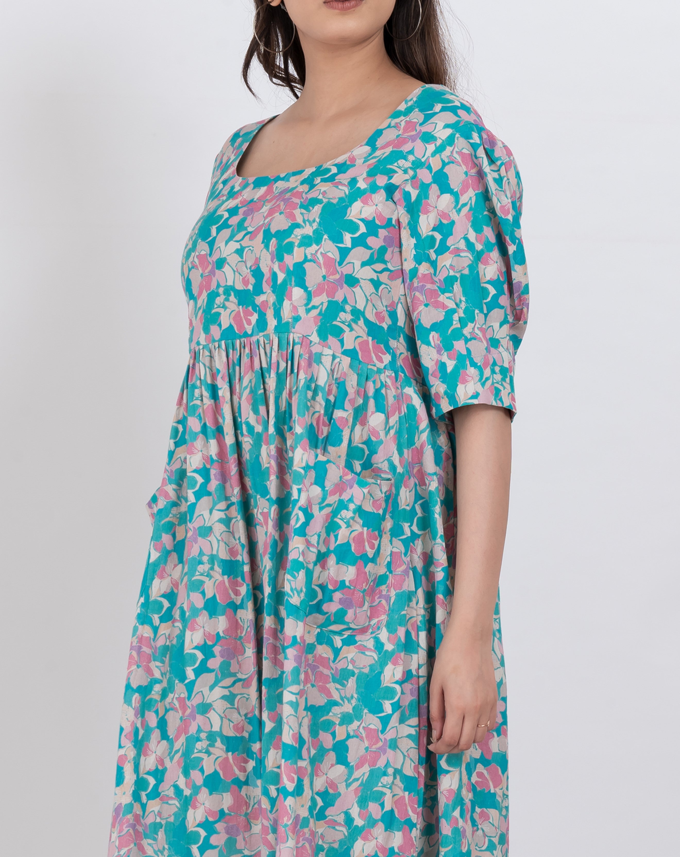 breathable handloom cotton floral puff sleeve midi dress