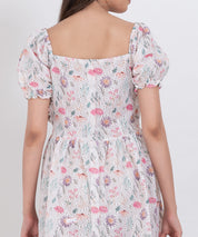 Casual floral dress with puff sleeves, tiered A-line silhouette for summer