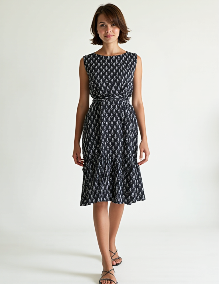 Close-up of the tiered skirt and adjustable tie waist on a floral printed midi dress, highlighting the flowy, feminine style.